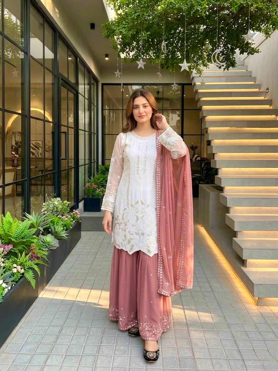 Peach Color Georgette Embroidery With Pearl Moti Handwork Palazzo Suit