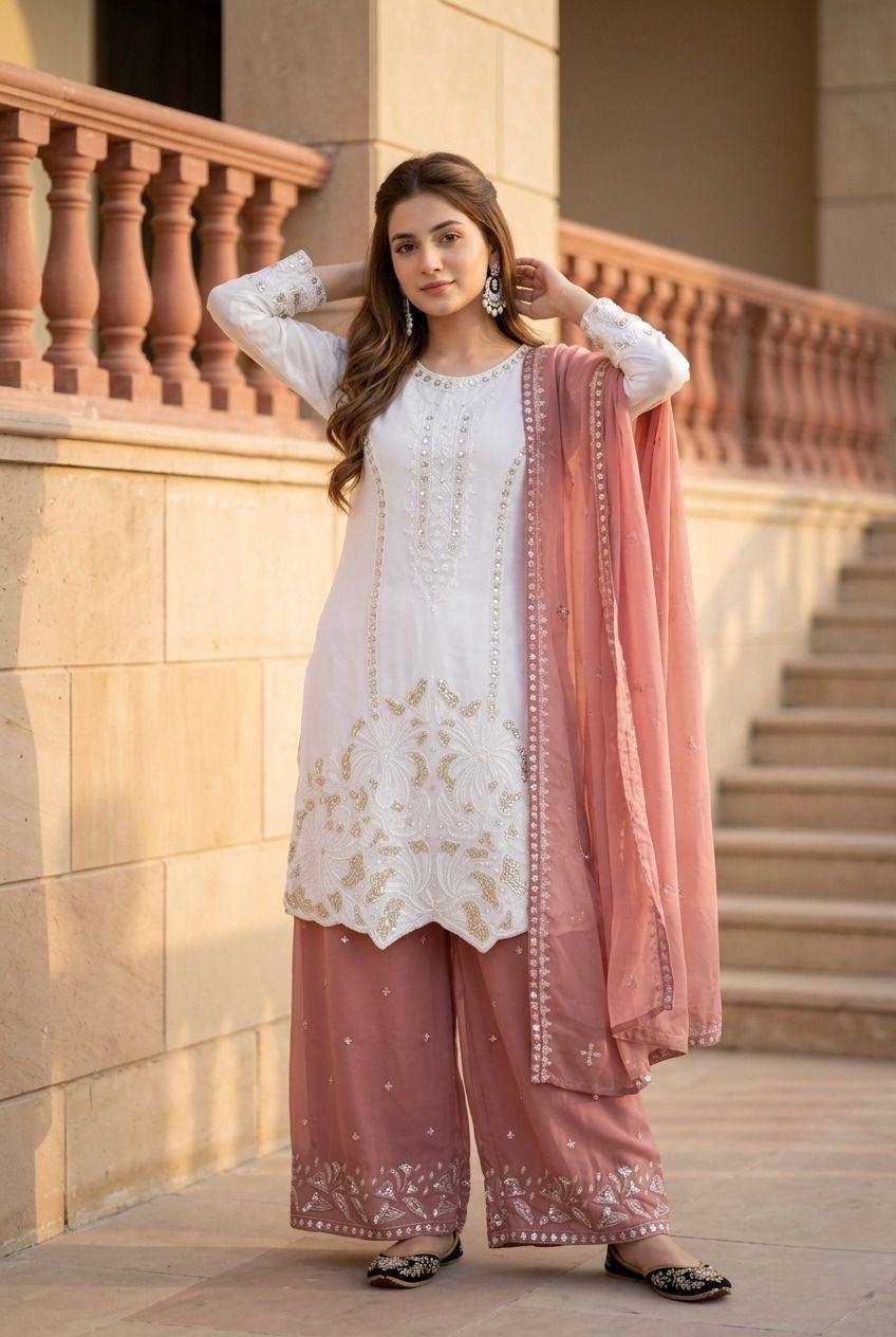 Peach Color Georgette Embroidery With Pearl Moti Handwork Palazzo Suit
