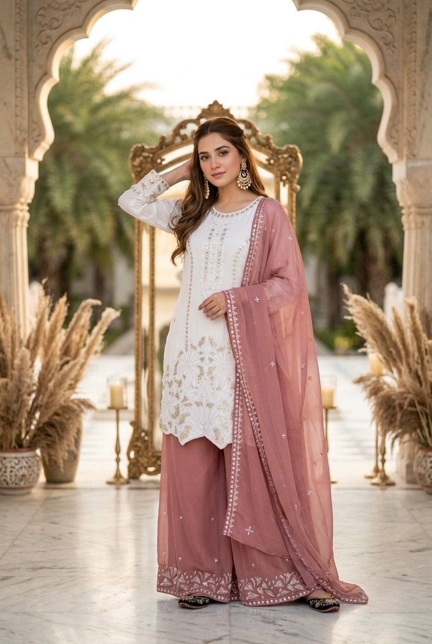Peach Color Georgette Embroidery With Pearl Moti Handwork Palazzo Suit