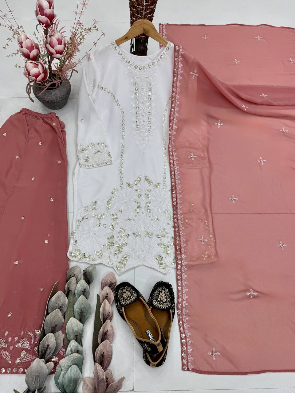 Peach Color Georgette Embroidery With Pearl Moti Handwork Palazzo Suit