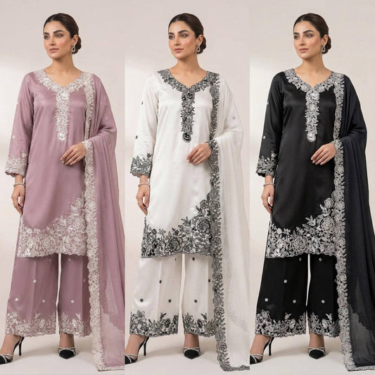 Designer French Crepe Embroidery Work Wedding Wear Palazzo Suit