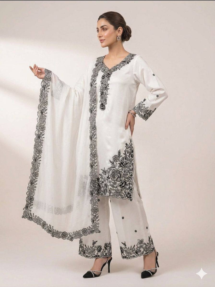 Designer French Crepe Embroidery Work Wedding Wear Palazzo Suit