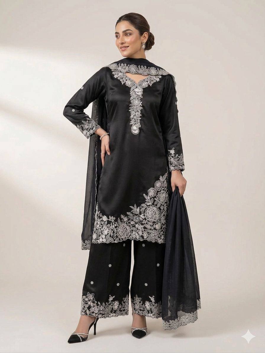 Designer French Crepe Embroidery Work Wedding Wear Palazzo Suit