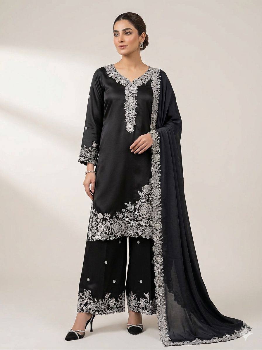 Designer French Crepe Embroidery Work Wedding Wear Palazzo Suit