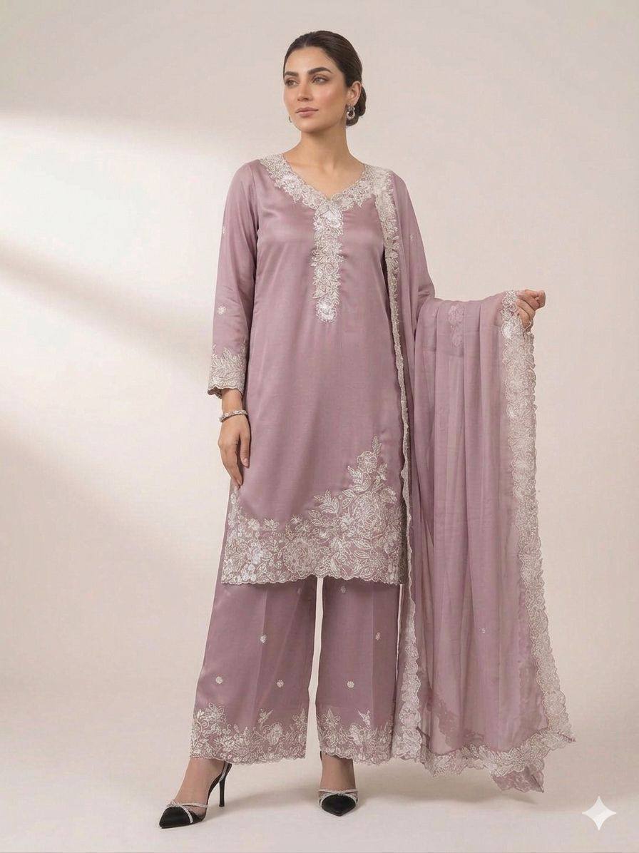 Designer French Crepe Embroidery Work Wedding Wear Palazzo Suit