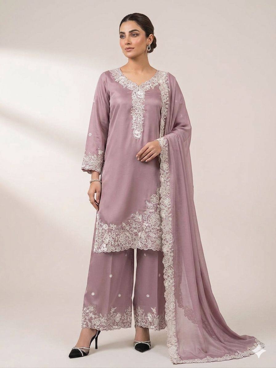 Designer French Crepe Embroidery Work Wedding Wear Palazzo Suit