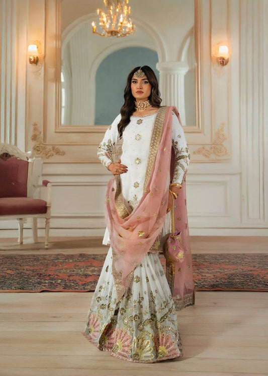 Wedding Wear White Color Heavy Faux Georgette With 5mm Embroidery Sequence Work Designer Sharara Suit