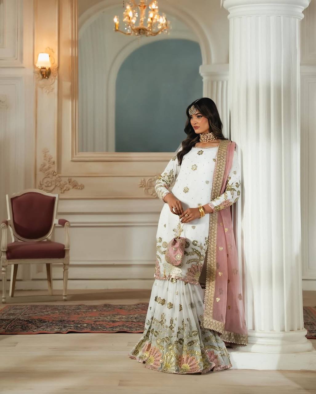 Wedding Wear White Color Heavy Faux Georgette With 5mm Embroidery Sequence Work Designer Sharara Suit