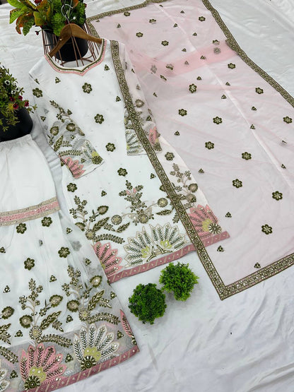 Wedding Wear White Color Heavy Faux Georgette With 5mm Embroidery Sequence Work Designer Sharara Suit