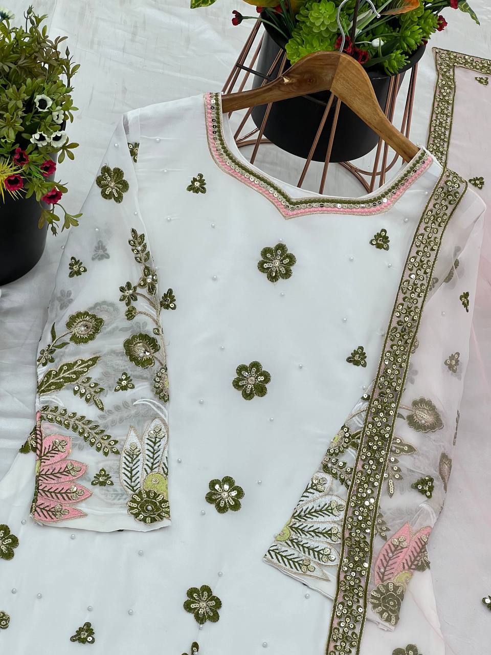 Wedding Wear White Color Heavy Faux Georgette With 5mm Embroidery Sequence Work Designer Sharara Suit