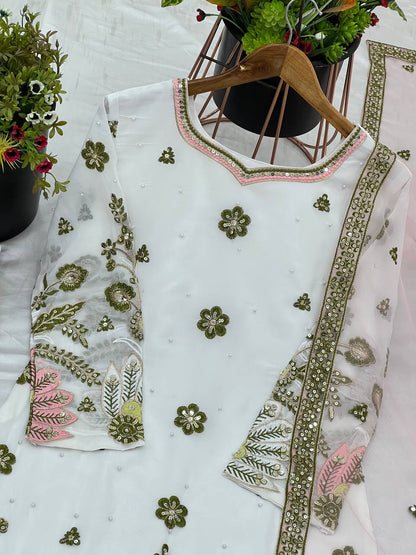 Wedding Wear White Color Heavy Faux Georgette With 5mm Embroidery Sequence Work Designer Sharara Suit