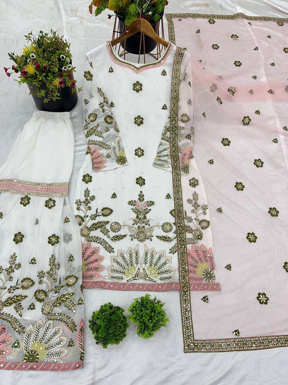 Wedding Wear White Color Heavy Faux Georgette With 5mm Embroidery Sequence Work Designer Sharara Suit