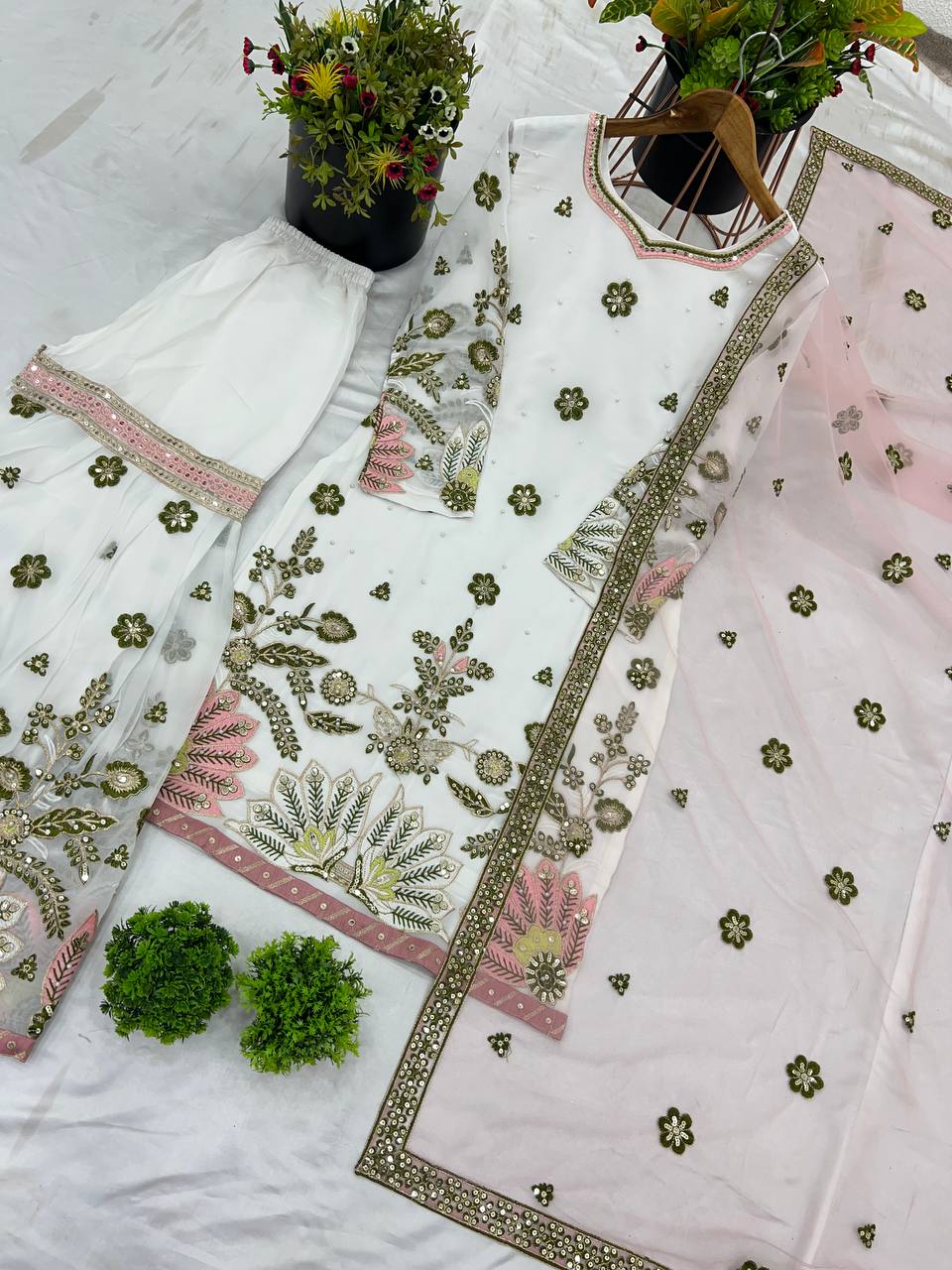 Wedding Wear White Color Heavy Faux Georgette With 5mm Embroidery Sequence Work Designer Sharara Suit