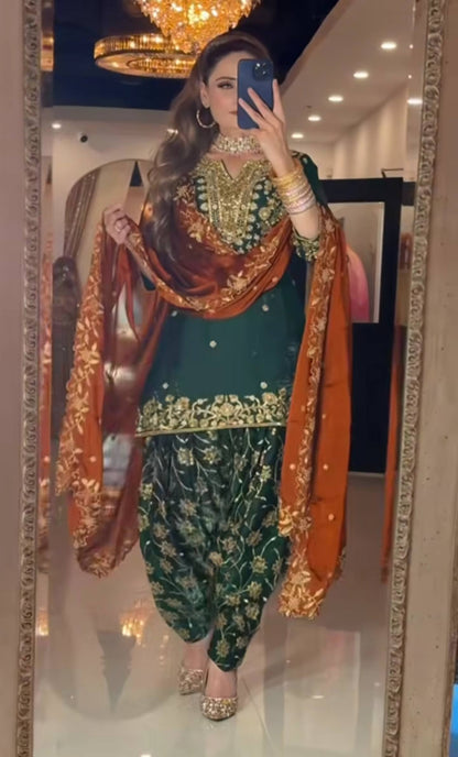 Designer Green Chinon Silk Top With Dhoti Salwar And Dupatta Set