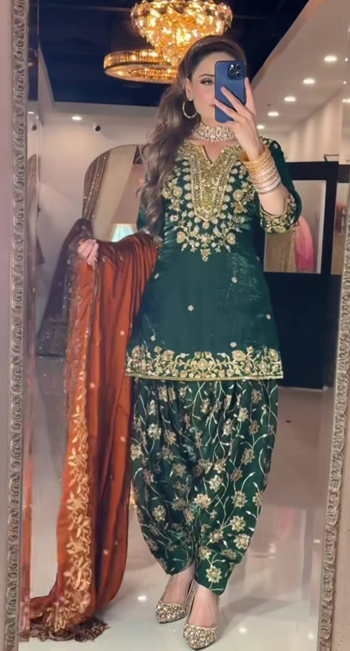 Designer Green Chinon Silk Top With Dhoti Salwar And Dupatta Set