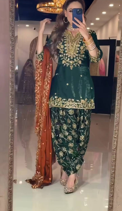 Designer Green Chinon Silk Top With Dhoti Salwar And Dupatta Set