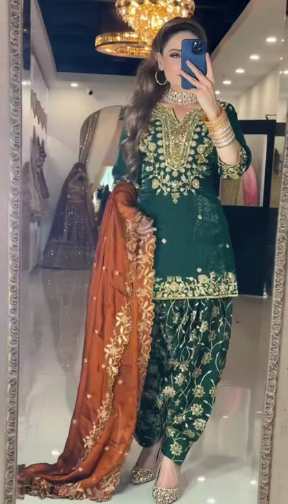 Designer Green Chinon Silk Top With Dhoti Salwar And Dupatta Set