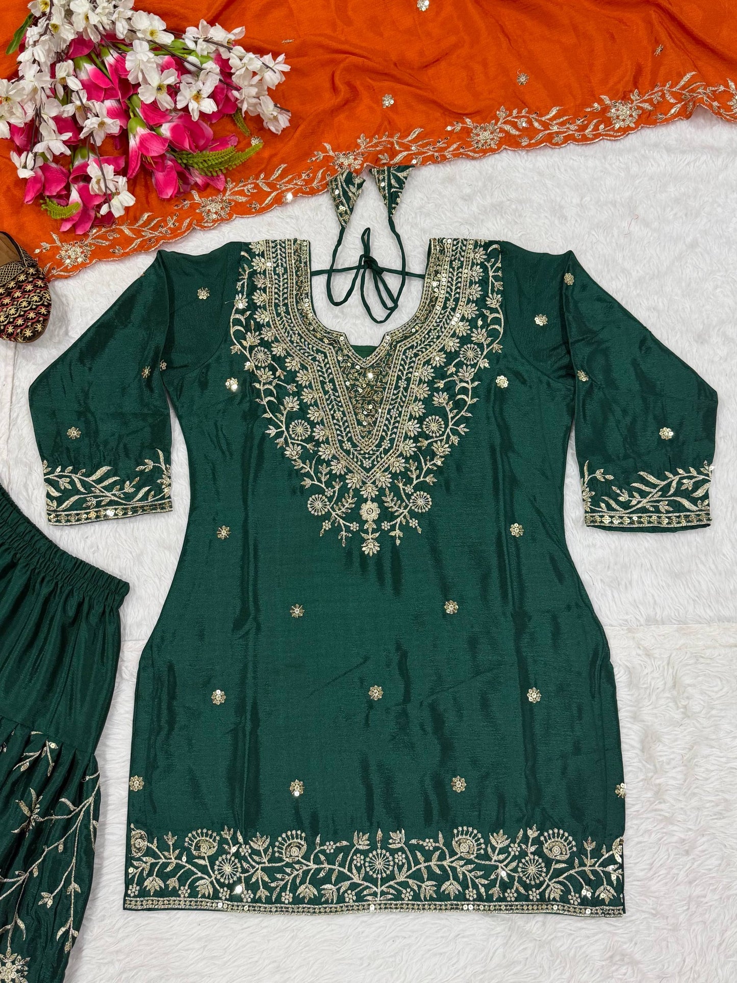 Designer Green Chinon Silk Top With Dhoti Salwar And Dupatta Set