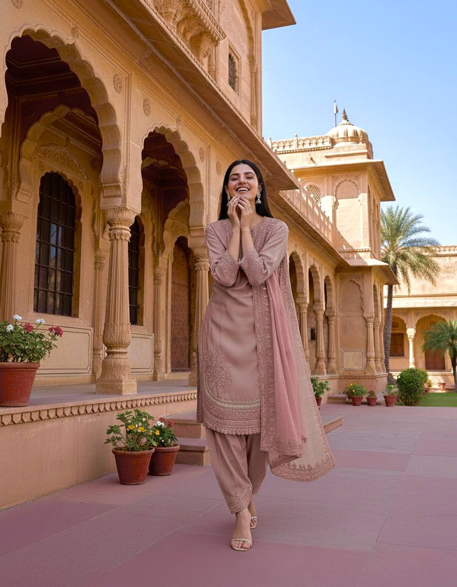 Peach Color Designer Chinon Silk With Moti Work Palazzo Suit Set