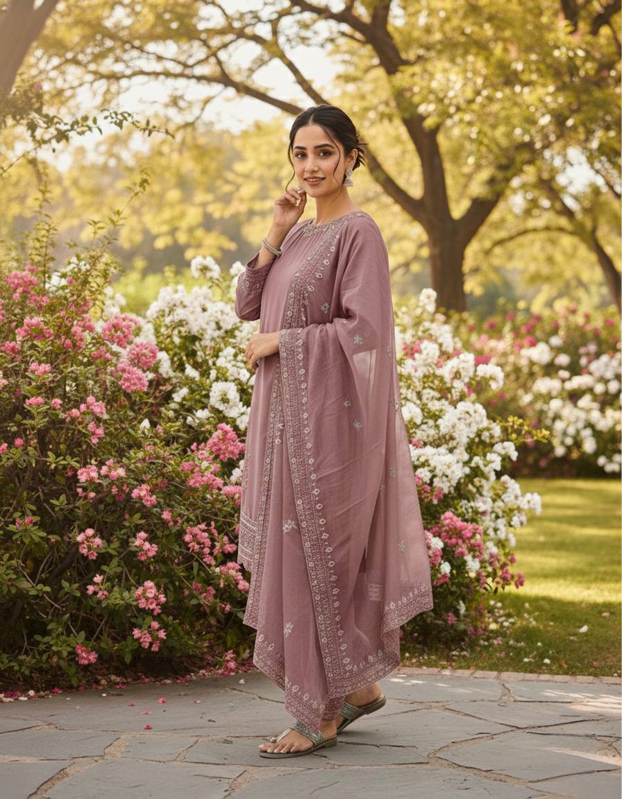 Peach Color Designer Chinon Silk With Moti Work Palazzo Suit Set