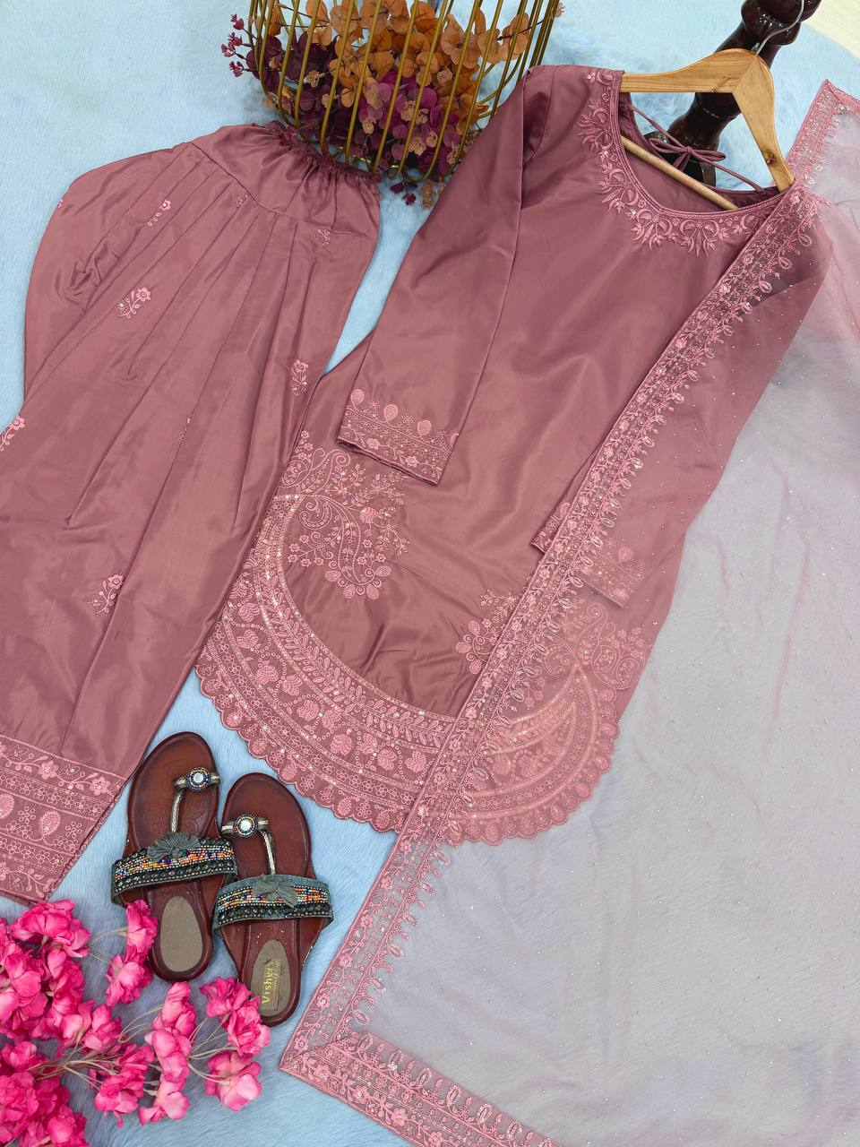 Peach Color Designer Chinon Silk With Moti Work Palazzo Suit Set
