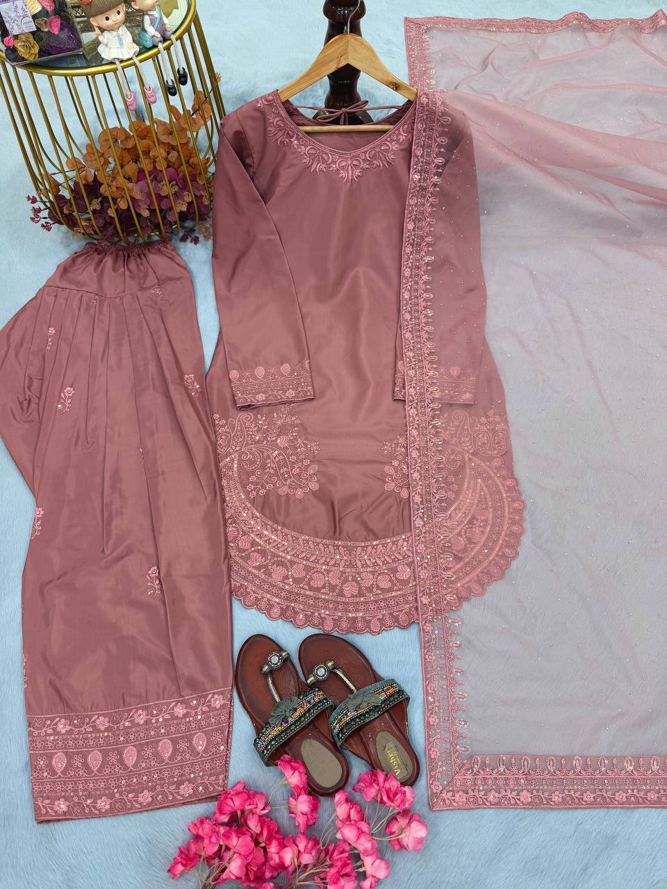 Peach Color Designer Chinon Silk With Moti Work Palazzo Suit Set