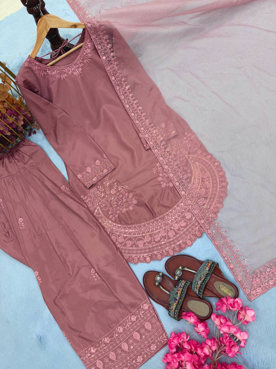 Peach Color Designer Chinon Silk With Moti Work Palazzo Suit Set