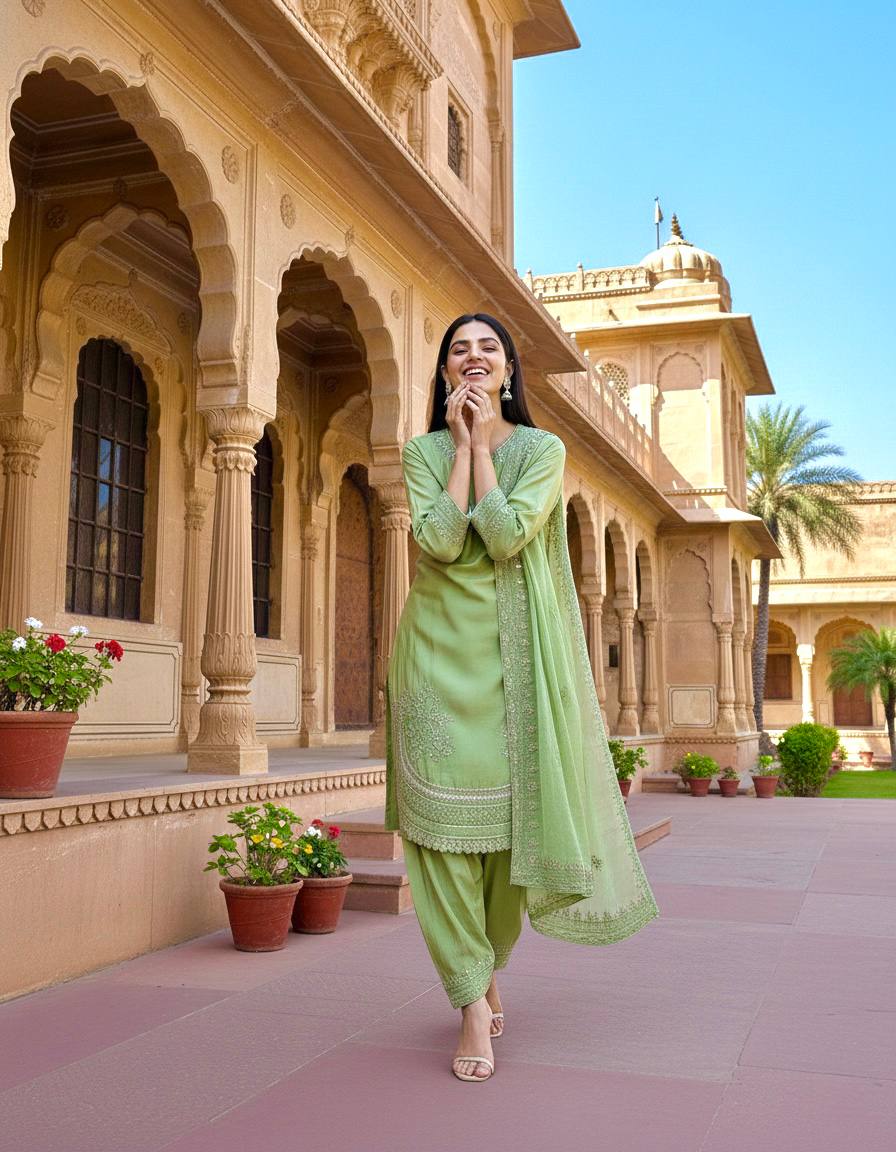 Green Color Designer Chinon Silk With Moti Work Palazzo Suit Set