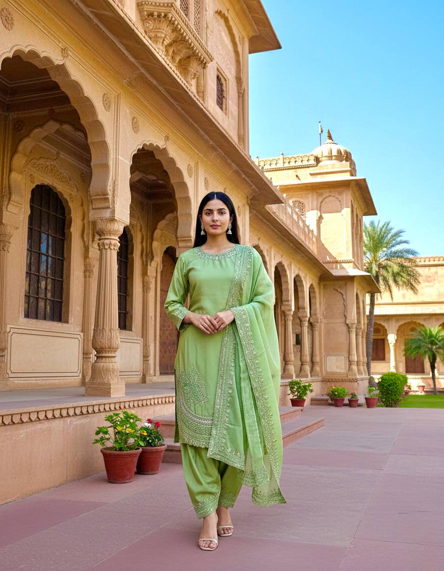 Green Color Designer Chinon Silk With Moti Work Palazzo Suit Set