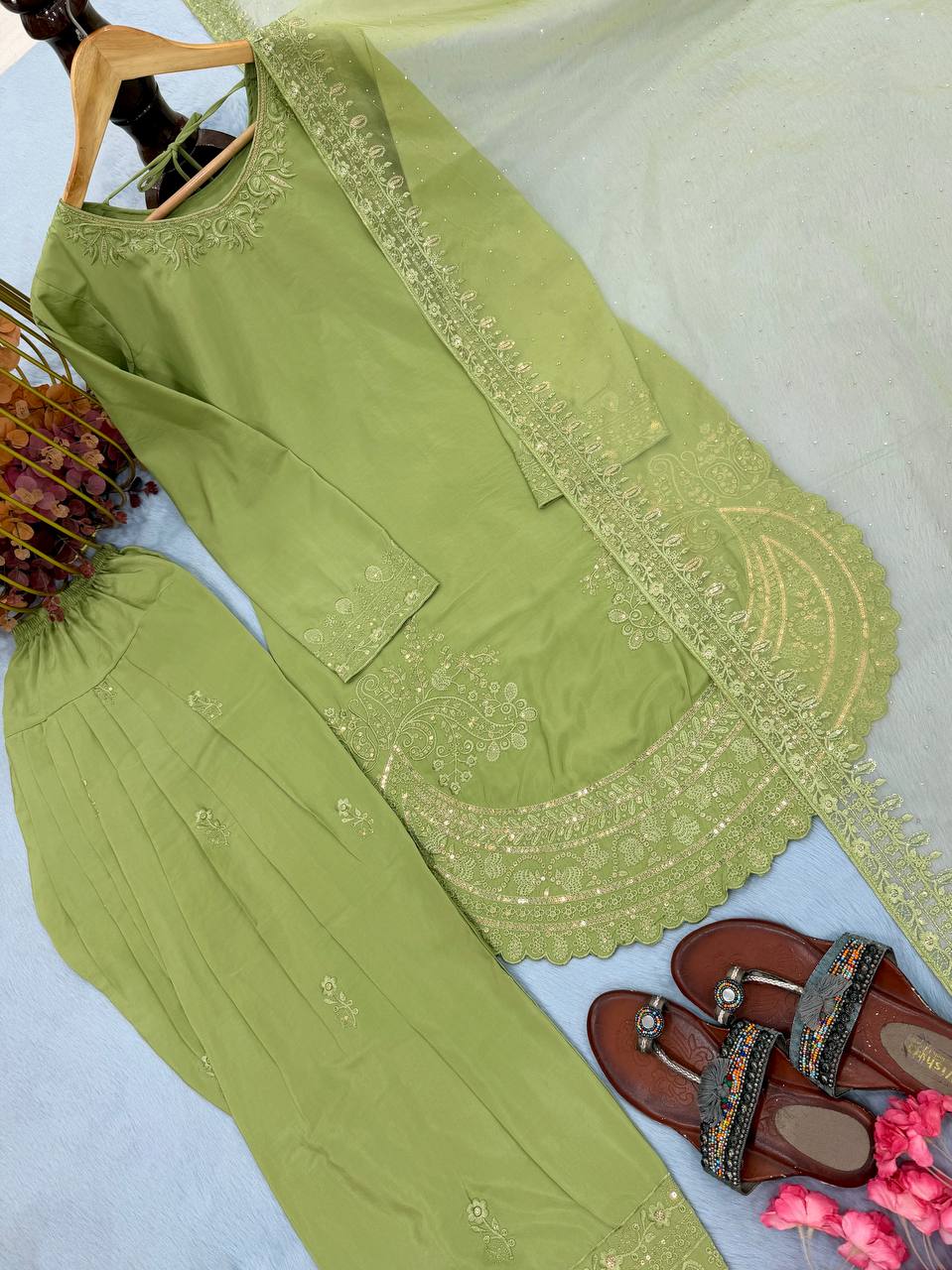 Green Color Designer Chinon Silk With Moti Work Palazzo Suit Set