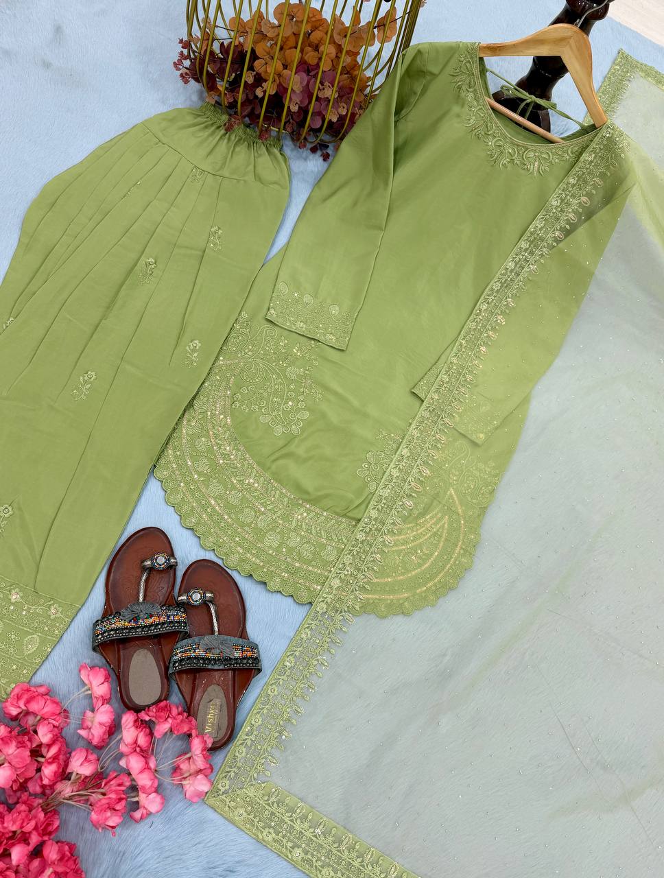 Green Color Designer Chinon Silk With Moti Work Palazzo Suit Set