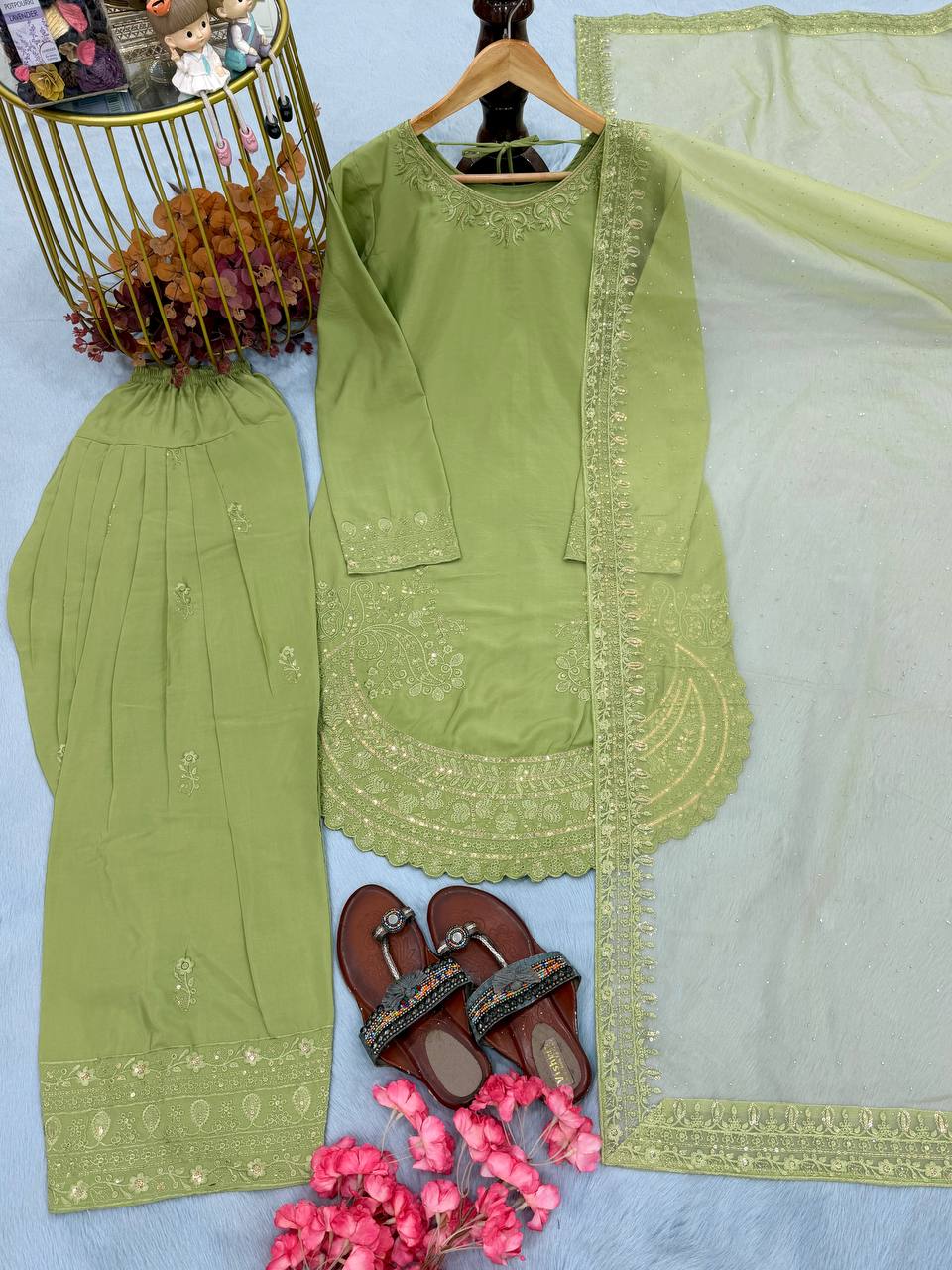Green Color Designer Chinon Silk With Moti Work Palazzo Suit Set
