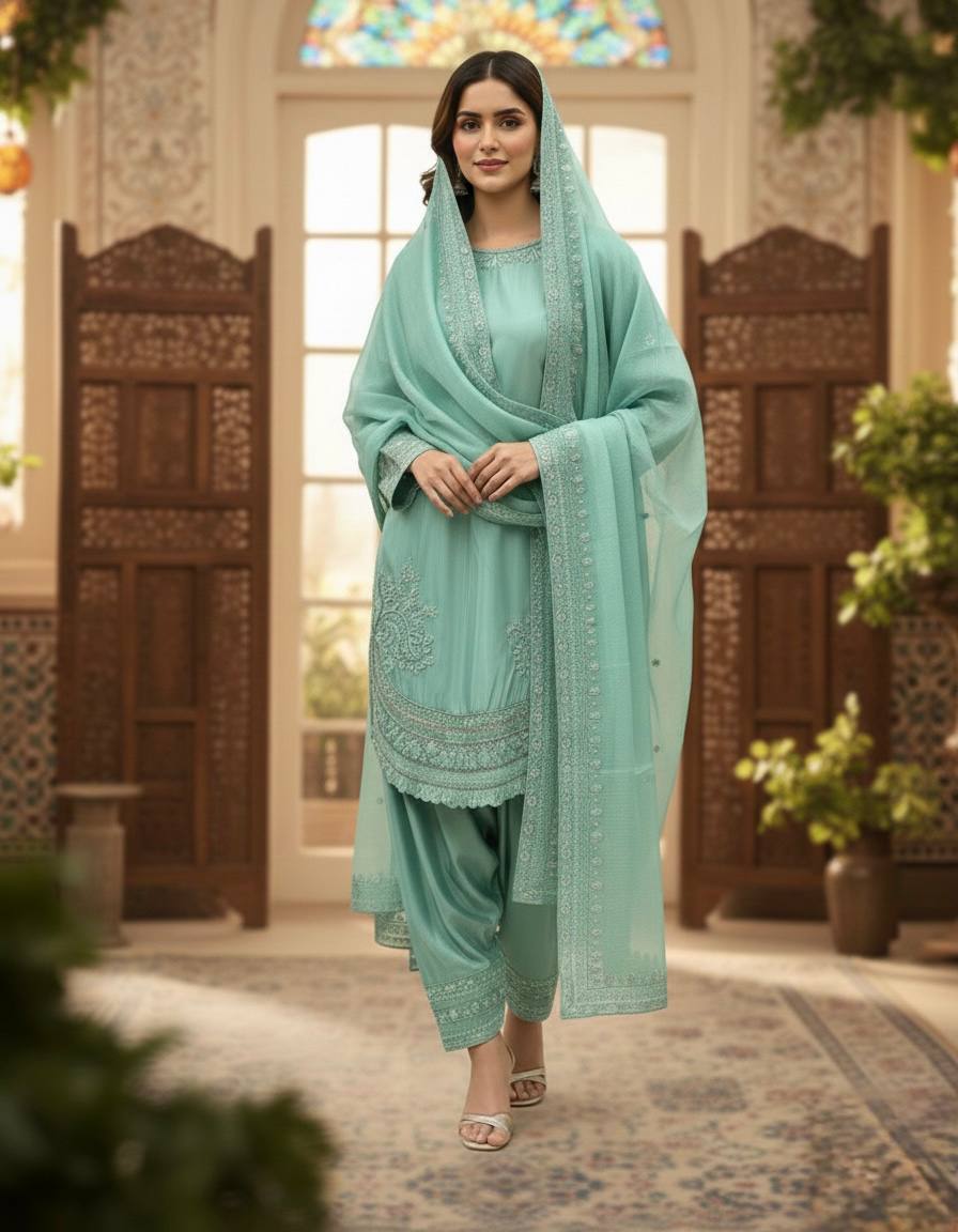 Pista Green Color Designer Chinon Silk With Moti Work Palazzo Suit Set