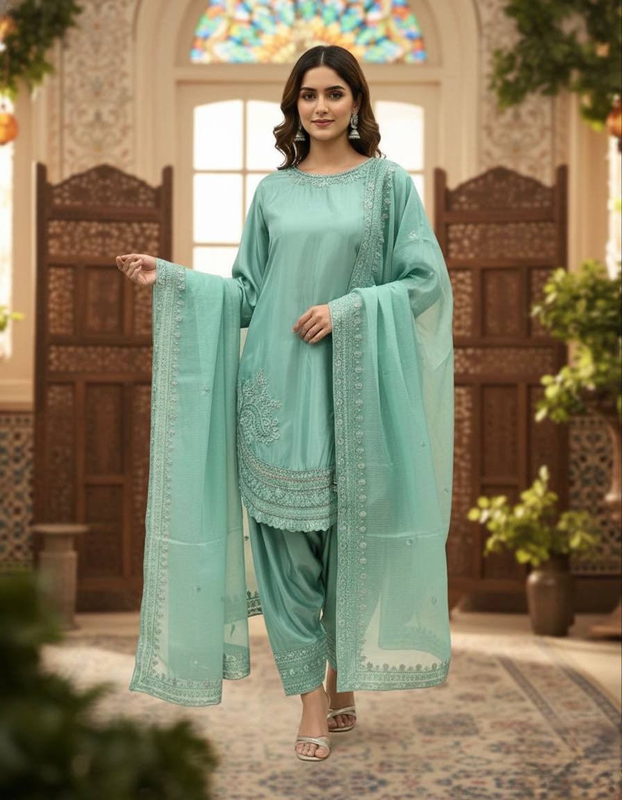 Pista Green Color Designer Chinon Silk With Moti Work Palazzo Suit Set