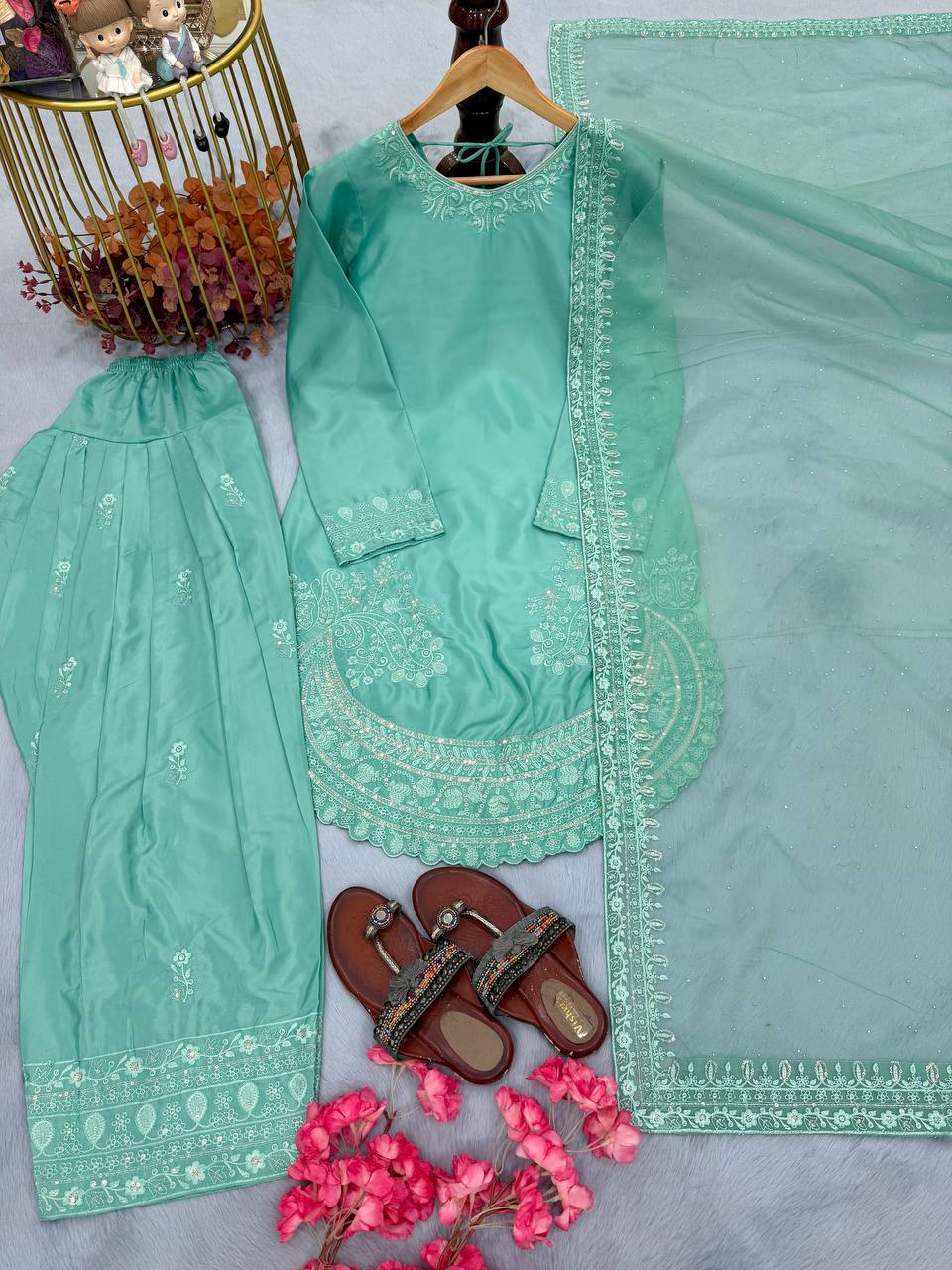 Pista Green Color Designer Chinon Silk With Moti Work Palazzo Suit Set