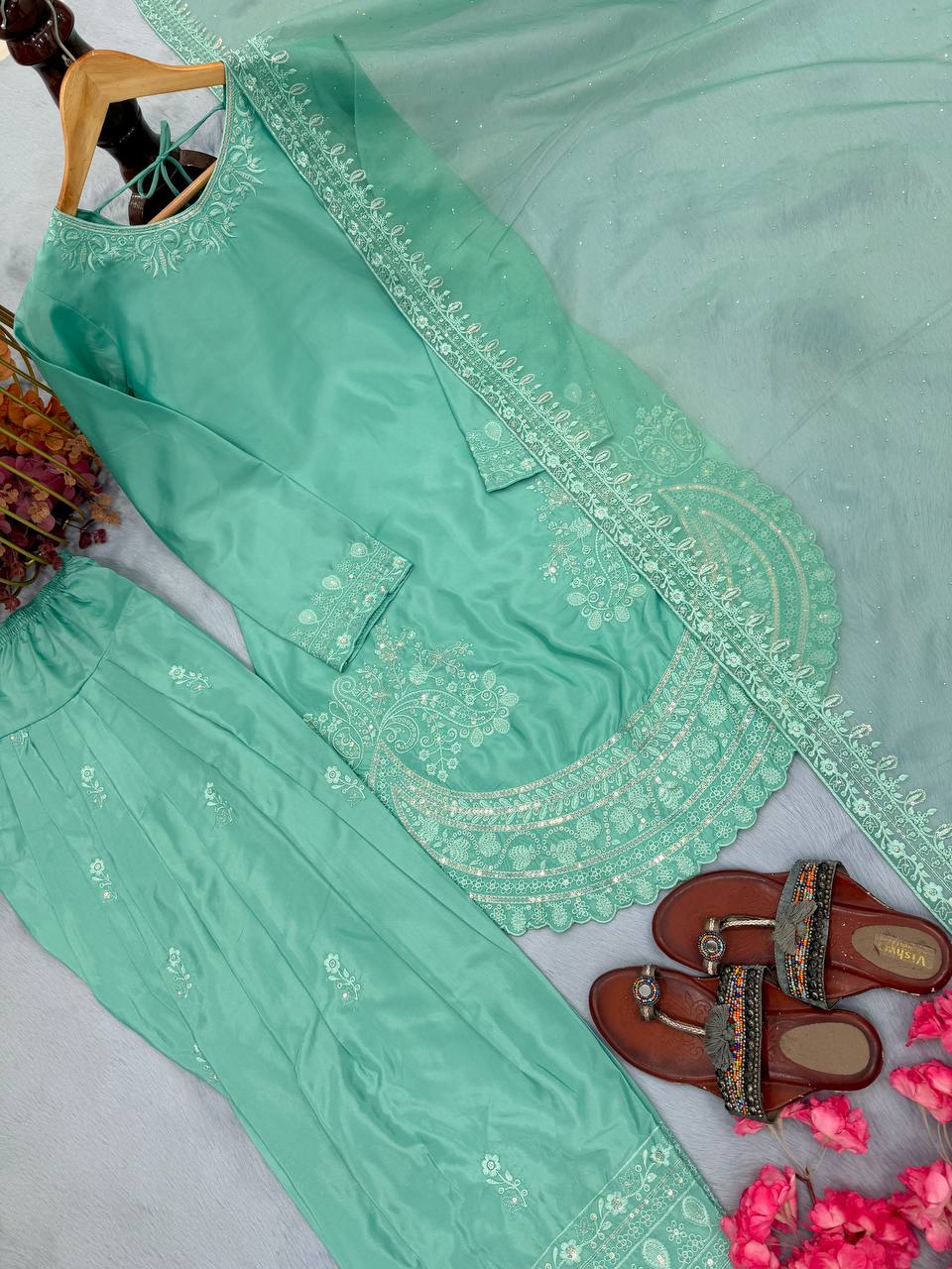 Pista Green Color Designer Chinon Silk With Moti Work Palazzo Suit Set