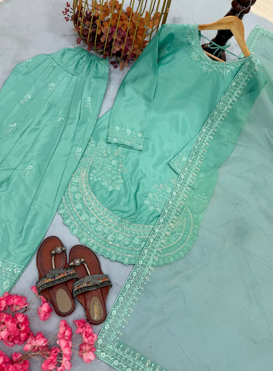 Pista Green Color Designer Chinon Silk With Moti Work Palazzo Suit Set