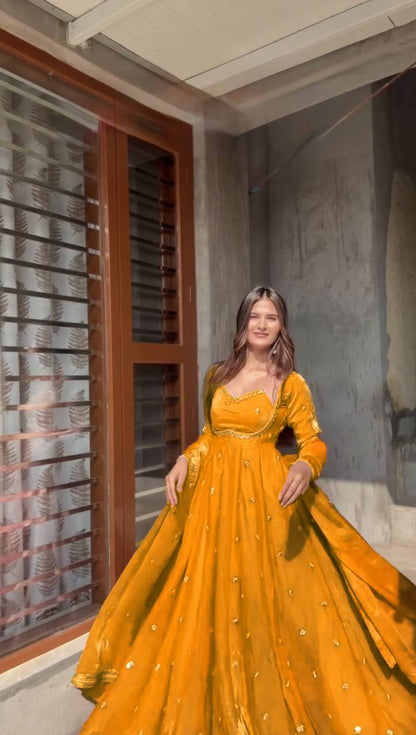 Designer Yellow Color Fendy Silk Thread Work Anarkali Suit