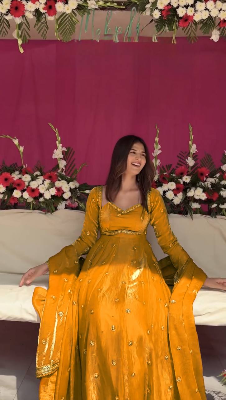 Designer Yellow Color Fendy Silk Thread Work Anarkali Suit