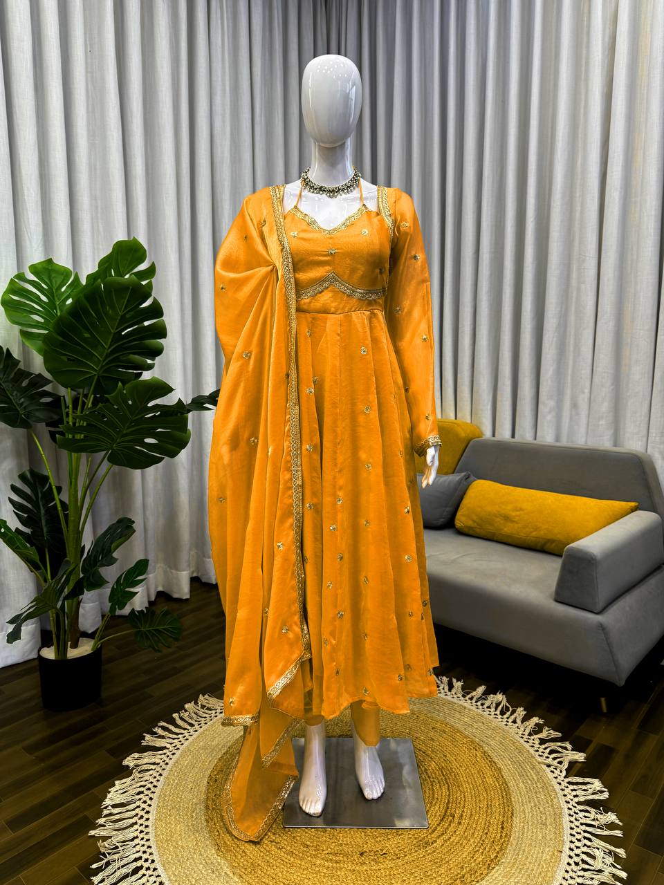 Designer Yellow Color Fendy Silk Thread Work Anarkali Suit