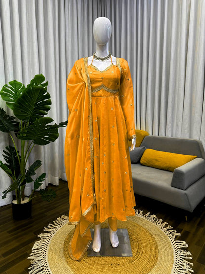 Designer Yellow Color Fendy Silk Thread Work Anarkali Suit