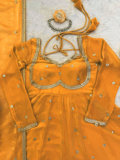 Designer Yellow Color Fendy Silk Thread Work Anarkali Suit