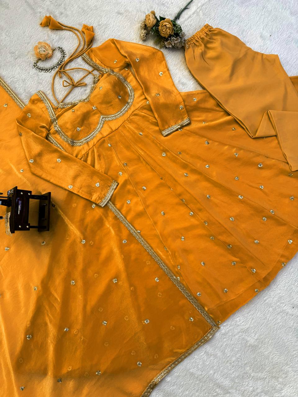Designer Yellow Color Fendy Silk Thread Work Anarkali Suit