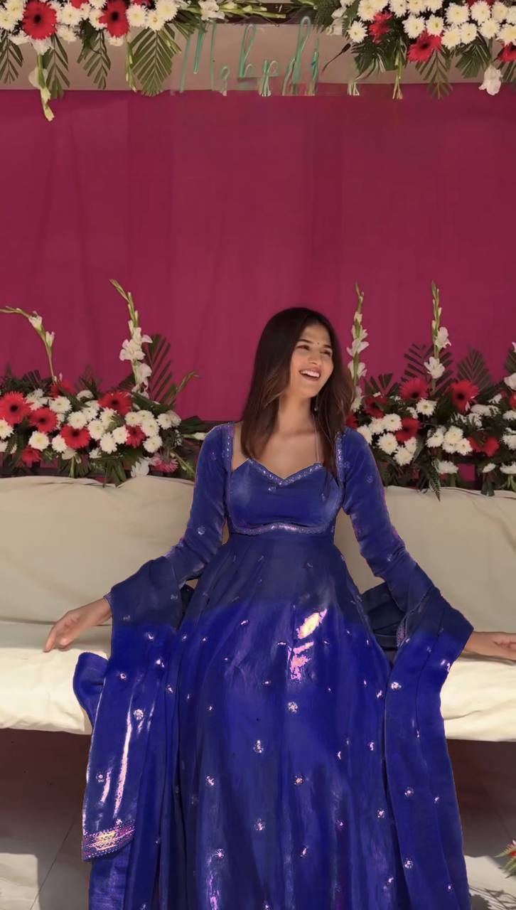 Designer Blue Color Fendy Silk Thread Work Anarkali Suit