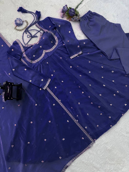 Designer Blue Color Fendy Silk Thread Work Anarkali Suit