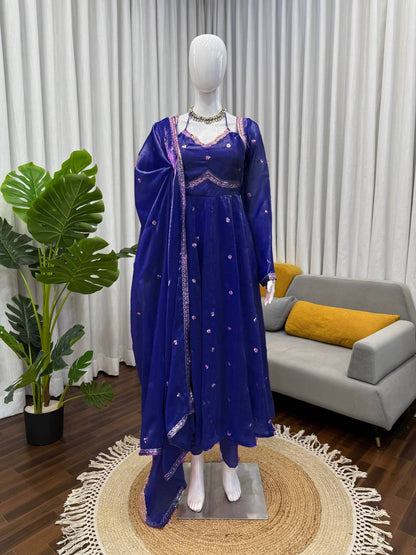 Designer Blue Color Fendy Silk Thread Work Anarkali Suit