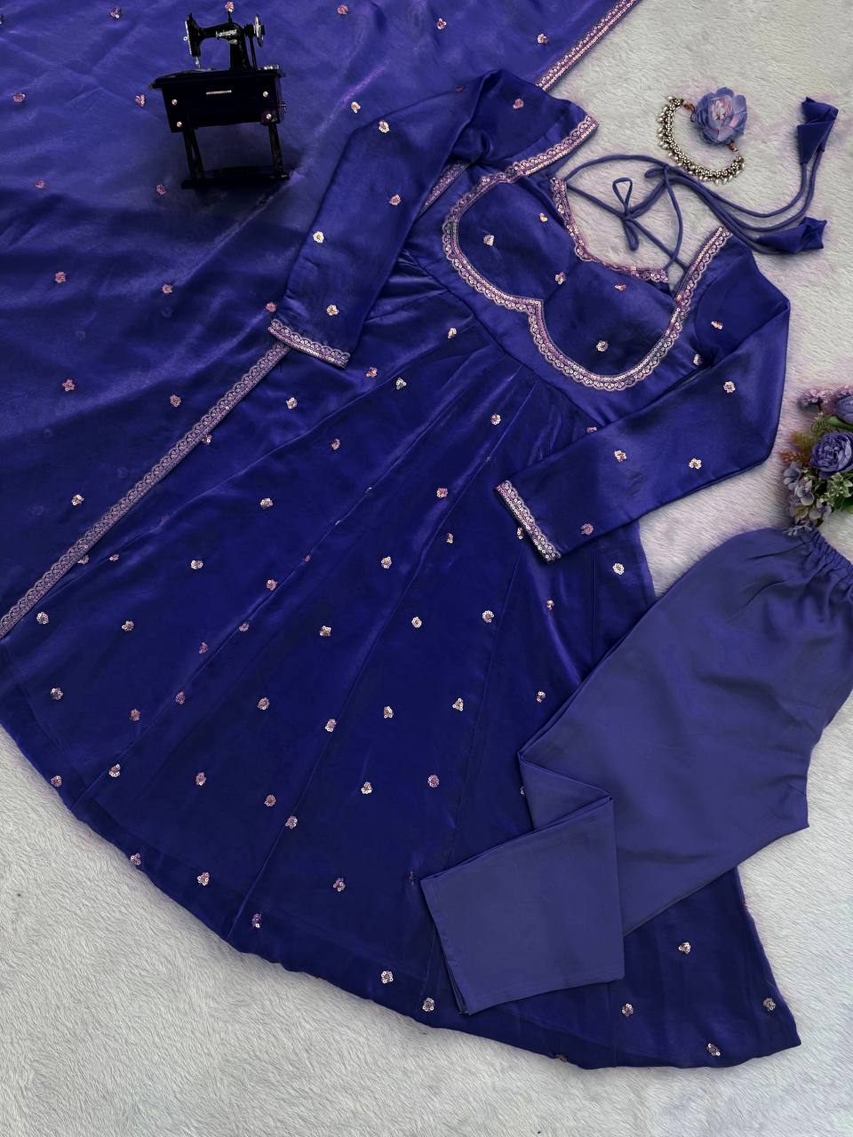 Designer Blue Color Fendy Silk Thread Work Anarkali Suit