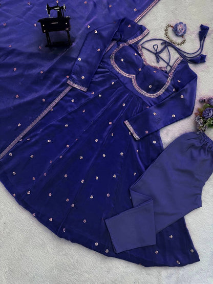 Designer Blue Color Fendy Silk Thread Work Anarkali Suit