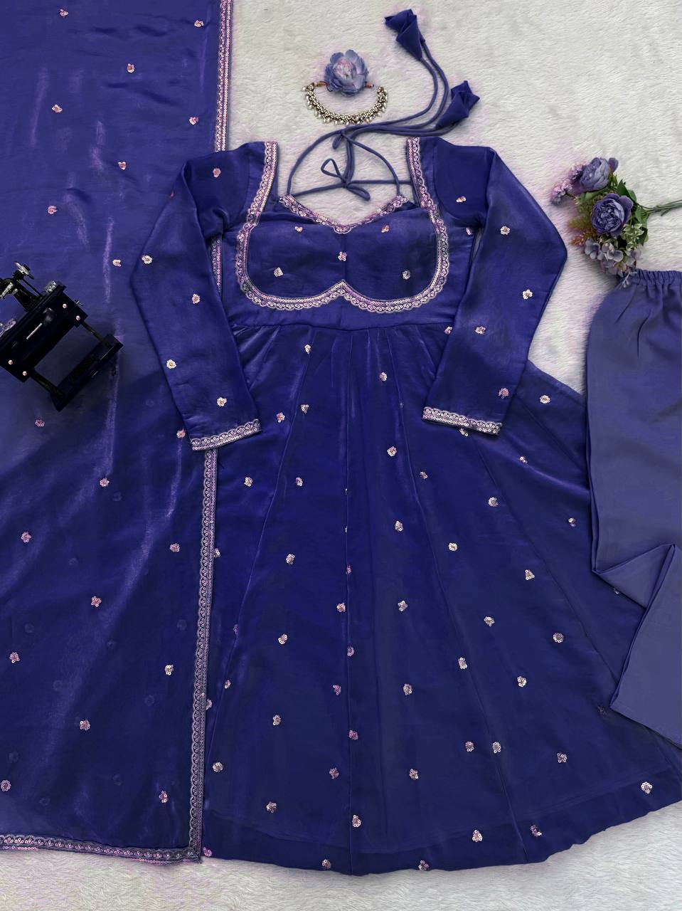 Designer Blue Color Fendy Silk Thread Work Anarkali Suit