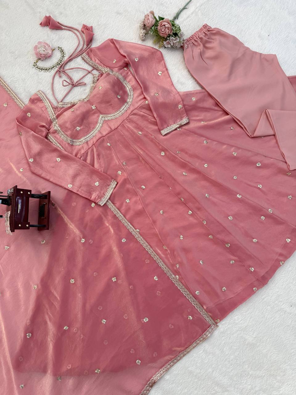 Designer Peach Color Fendy Silk Thread Work Anarkali Suit